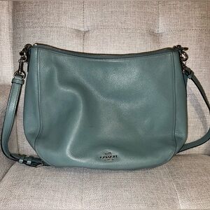 Teal leather Coach purse, great for fall!